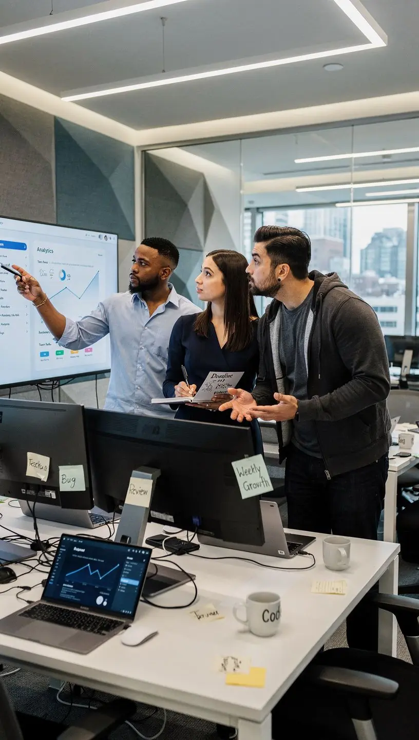 Widok na strefę współpracy w biurze, z wygodnymi meblami i otwartą przestrzenią.