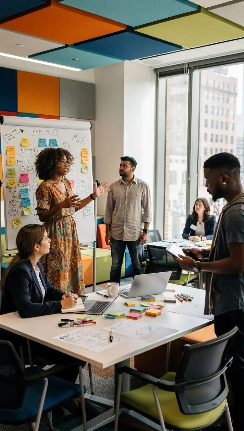 Pracownicy korzystający z przestrzeni do pracy w grupach, z odpowiednim oświetleniem i akustyką.