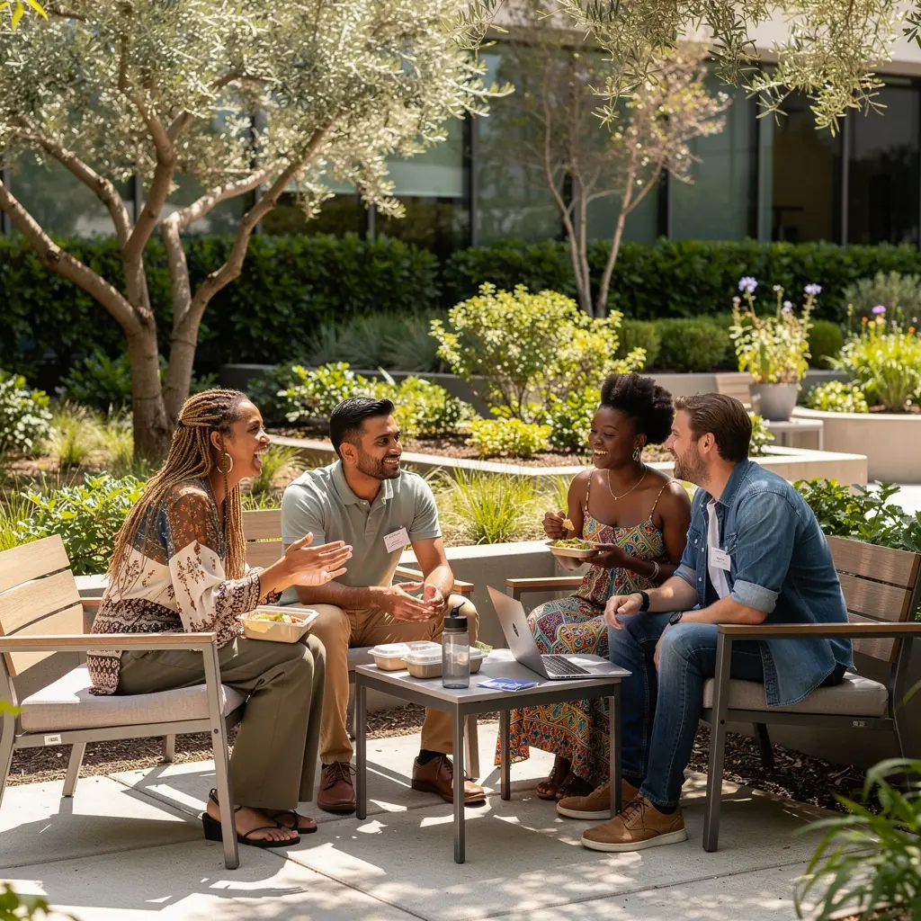 Estetyczne biuro z zielonymi roślinami, które poprawiają jakość powietrza i nastrój pracowników.